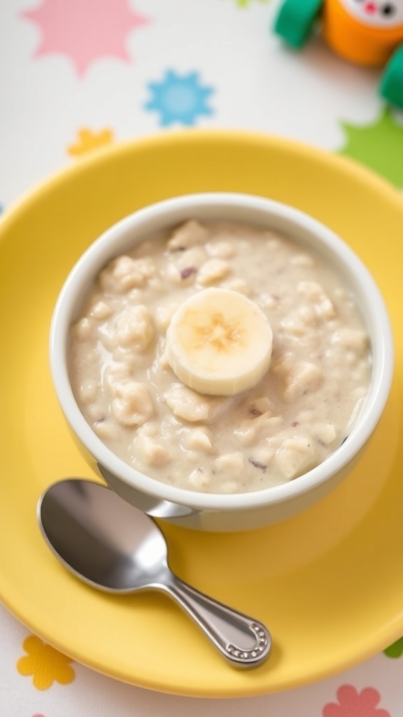 Nutritious Oatmeal for 6-Month-Old Babies A bowl of baby oatmeal with mashed banana on a colorful plate, accompanied by a spoon and baby toys.
